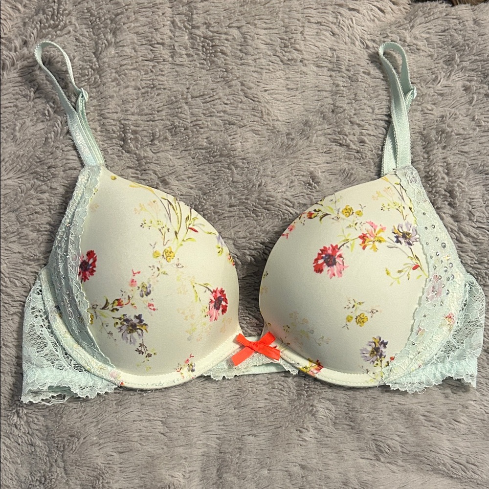 Floral Lace Trim Bra -Light Blue